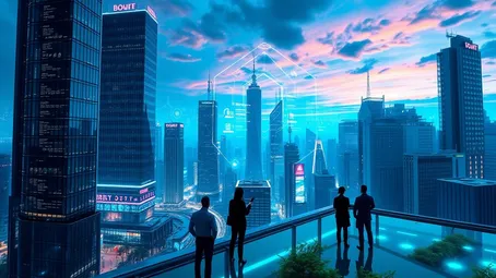 A futuristic illustration of AI integrating with business